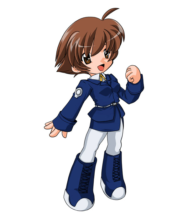 00s, 1girl, :d, ahoge, amy_limiette, belt, brown_eyes, brown_hair