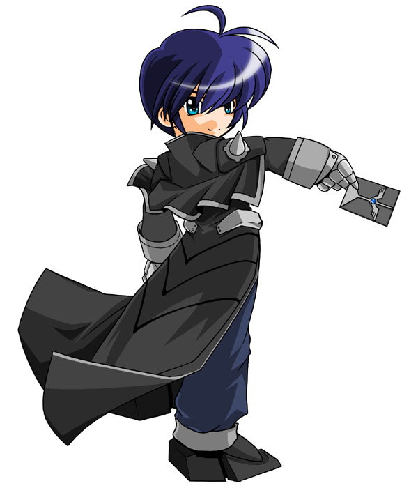 00s, 1boy, card, chrono_harlaown, durandal_(nanoha), holding, holding_card, kei_(fortune)