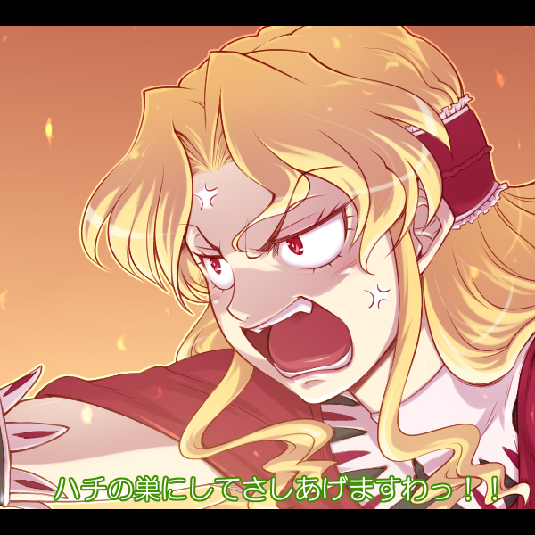 1girl, angry, blonde_hair, constricted_pupils, coyote_ragtime_show, fang, gradient, gradient_background, hairband, hairu, january_(coyote_ragtime_show), open_mouth, red_eyes, solo, translation_request