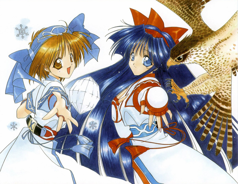 2girls, 90s, angel_flavor, artbook, bird, bow, crystal, falcon, gloves, hair_bow, hairband, ice, jewelry, konril, mamahaha, multiple_girls, nakoruru, nanase_aoi, red_bow, rimururu, ring, samurai_spirits, snk, snow, snowflakes