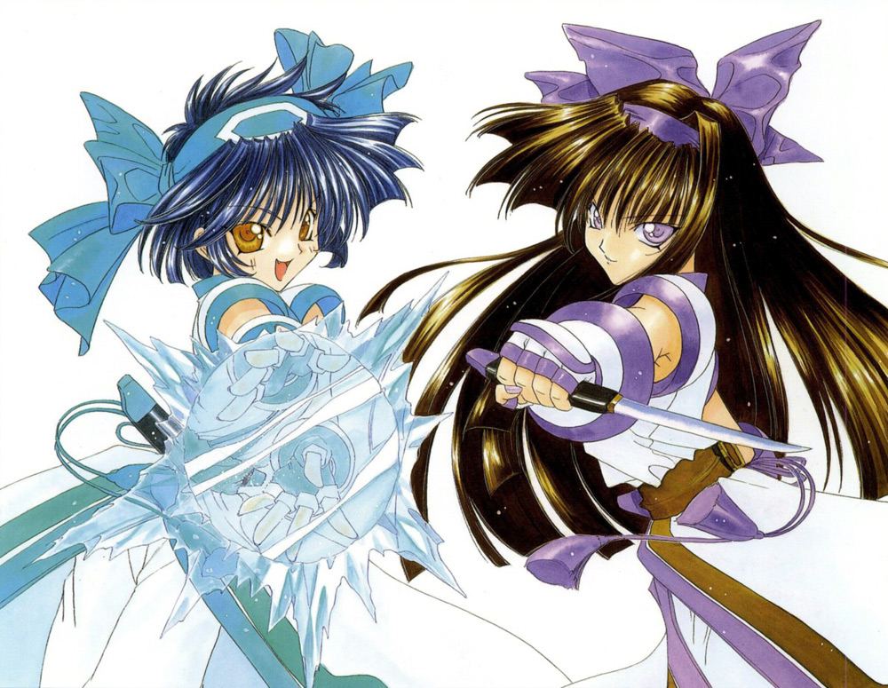 2girls, 90s, angel_flavor, artbook, bow, crystal, element_bender, gloves, hair_bow, hairband, ice, knife, multiple_girls, murasaki_nakoruru, nakoruru, nanase_aoi, rimururu, samurai_spirits, white_background