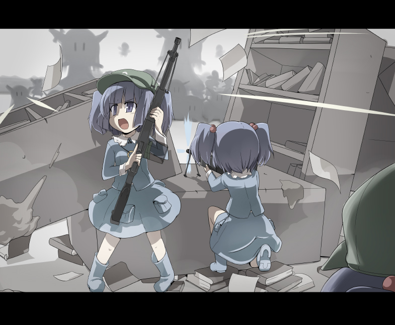 2girls, blue_eyes, blue_hair, book, ex-keine, female, gun, hair_bobbles