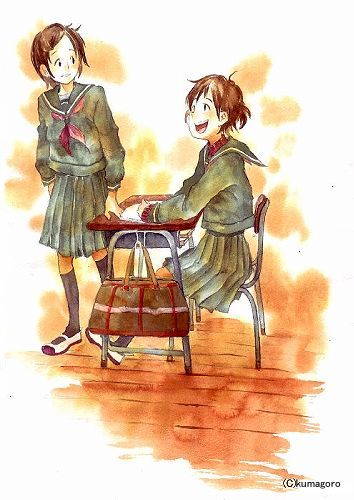 brown_hair, desk, kumagoro, lowres, school_uniform, serafuku, short_hair