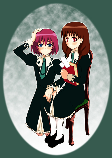 2girls, arm_up, blush, brown_hair, chair, chihaya_takemura, full_body, green_background, green_eyes, green_necktie, holding, long_sleeves, looking_at_viewer, mizushima_noriko, multiple_girls, necktie, noriko_mizushima, pink_hair, red_eyes, scratching_head, short_hair, simple_background, strawberry_panic!, takemura_chihaya