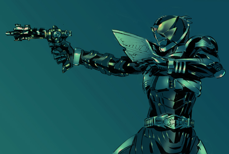 1boy, armor, artist_request, belt, blue, gun, kamen_rider, kamen_rider_drake