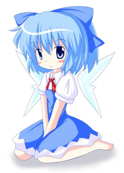 1girl, barefoot, blue_eyes, blue_hair, blush_stickers, bow, cirno, dress