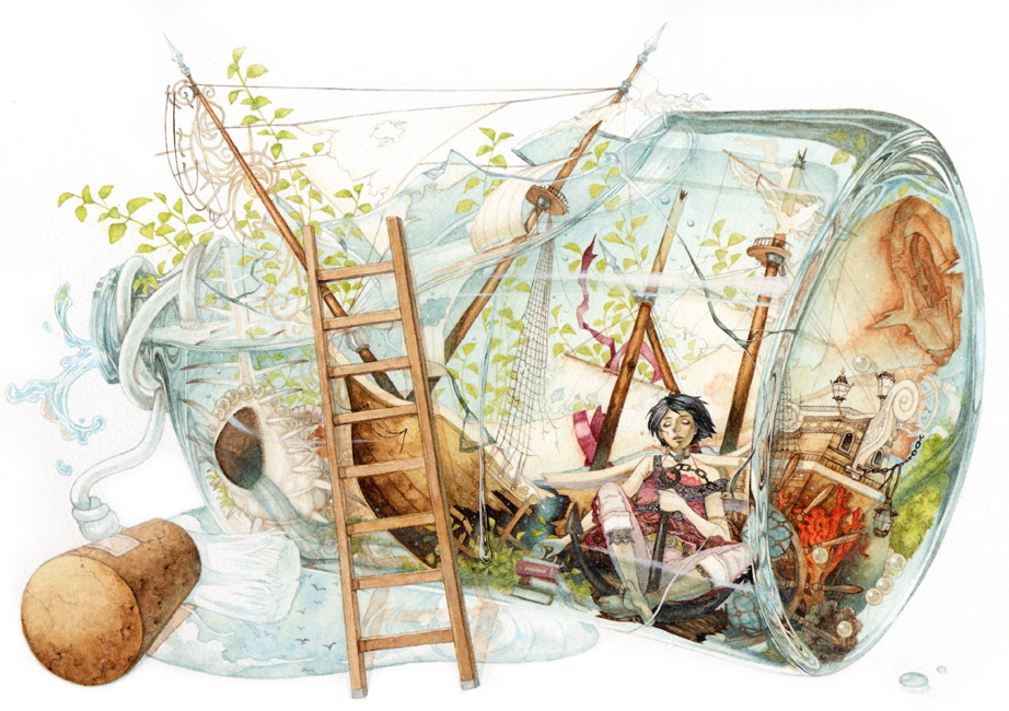 1girl, anchor, black_hair, book, bottle, coral, cork, ladder, letter, original, paper, pearl, person_in_container, ship, ship_in_a_bottle, shuka_(taupe), solo, spy_glass, traditional_media, watercolor_(medium), watercraft