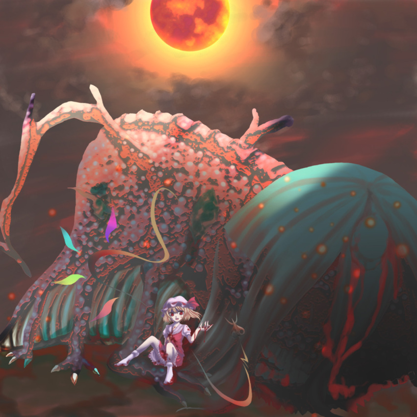 1girl, ascot, blonde_hair, blood, clouds, female, flandre_scarlet, highres