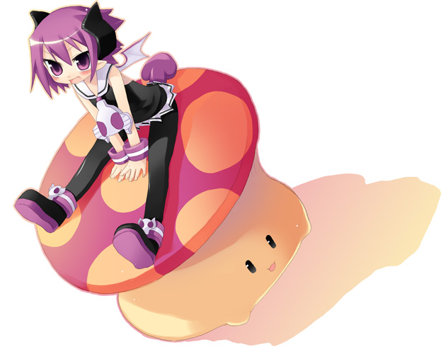 1girl, =3, =d, bangs, bat_wings, black_legwear, black_shirt, blush, demon_girl, demon_tail, demon_wings, disgaea, dutch_angle, eringya_(marl_kingdom), horns, makai_senki_disgaea_3, marl_kingdom, mushroom, open_mouth, pantyhose, pleated_skirt, pointy_ears, purple_hair, raspberyl, sazaki_ichiri, school_uniform, serafuku, shadow, shirt, shoes, short_hair, simple_background, sitting, skirt, sleeveless, sleeveless_shirt, smile, solo, tail, violet_eyes, white_background, wings, wrist_cuffs