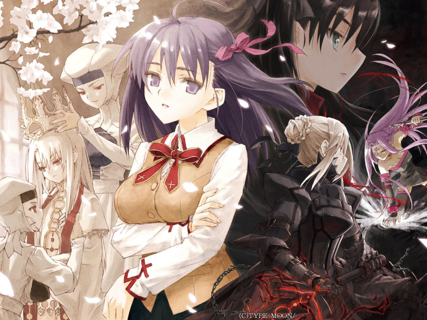 6+girls, armor, armored_dress, bare_shoulders, black_hair, blonde_hair, boots, breasts, chains, cherry_blossoms, cleavage, collar, crown, dark_excalibur, dress, elbow_gloves, empty_eyes, facial_mark, fate/stay_night, fate_(series), fighting, forehead_mark, gauntlets, gloves, gothic_lolita, green_eyes, hair_ribbon, heavens_feel, illyasviel_von_einzbern, konoe_ototsugu, leysritt, lolita_fashion, long_hair, matou_sakura, multiple_girls, nun, pale_skin, petals, purple_hair, red_eyes, ribbon, rider, saber, saber_alter, sella, silver_hair, sleeveless, strapless, strapless_dress, sword, thigh-highs, thigh_boots, tohsaka_rin, turtleneck, twintails, type-moon, very_long_hair, vest, violet_eyes, wallpaper, watermark, weapon, white_hair, yellow_eyes