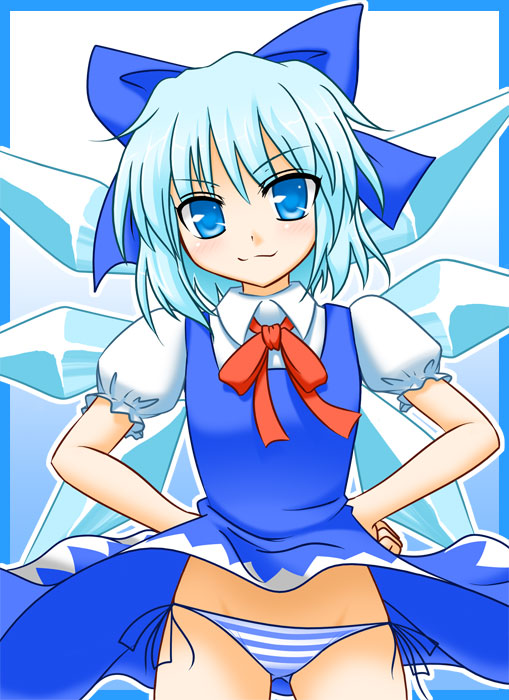 1girl, blue_eyes, blue_hair, blush, bow, cirno, dress, dress_lift