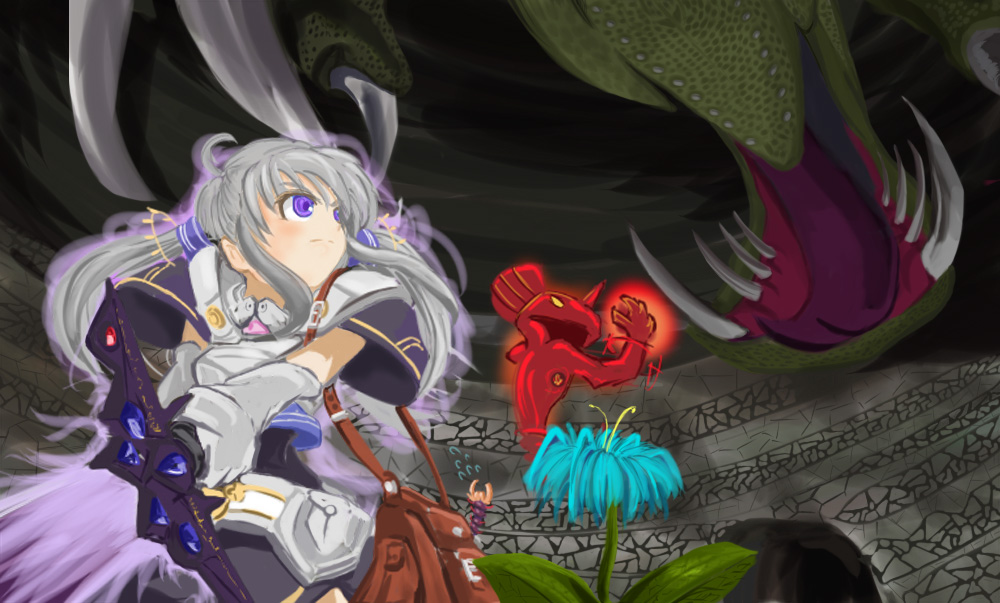 1girl, bad_id, dragon, grey_hair, kanato, pixiv, pixiv_fantasia, pixiv_fantasia_1