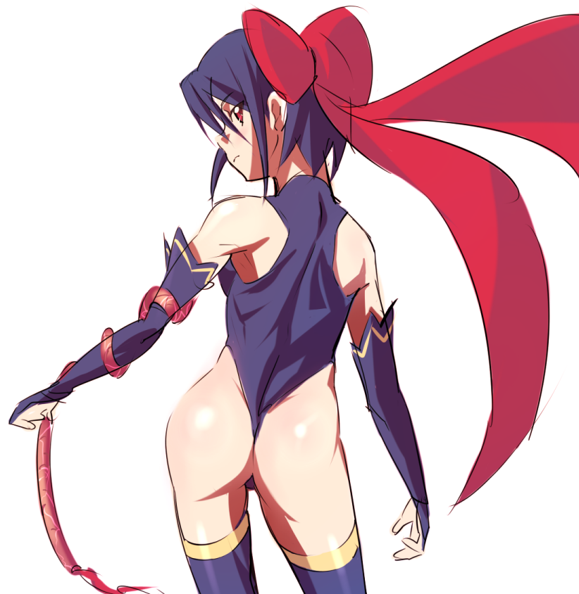 1girl, ass, back, bad_id, bare_shoulders, blue_hair, blue_legwear, detached_sleeves