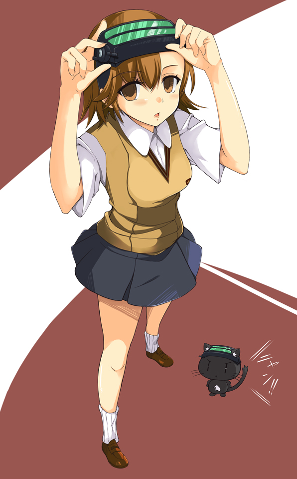 brown_eyes, brown_hair, cat, head_mounted_display, inu_(index), misaka_imouto, school_uniform, short_hair