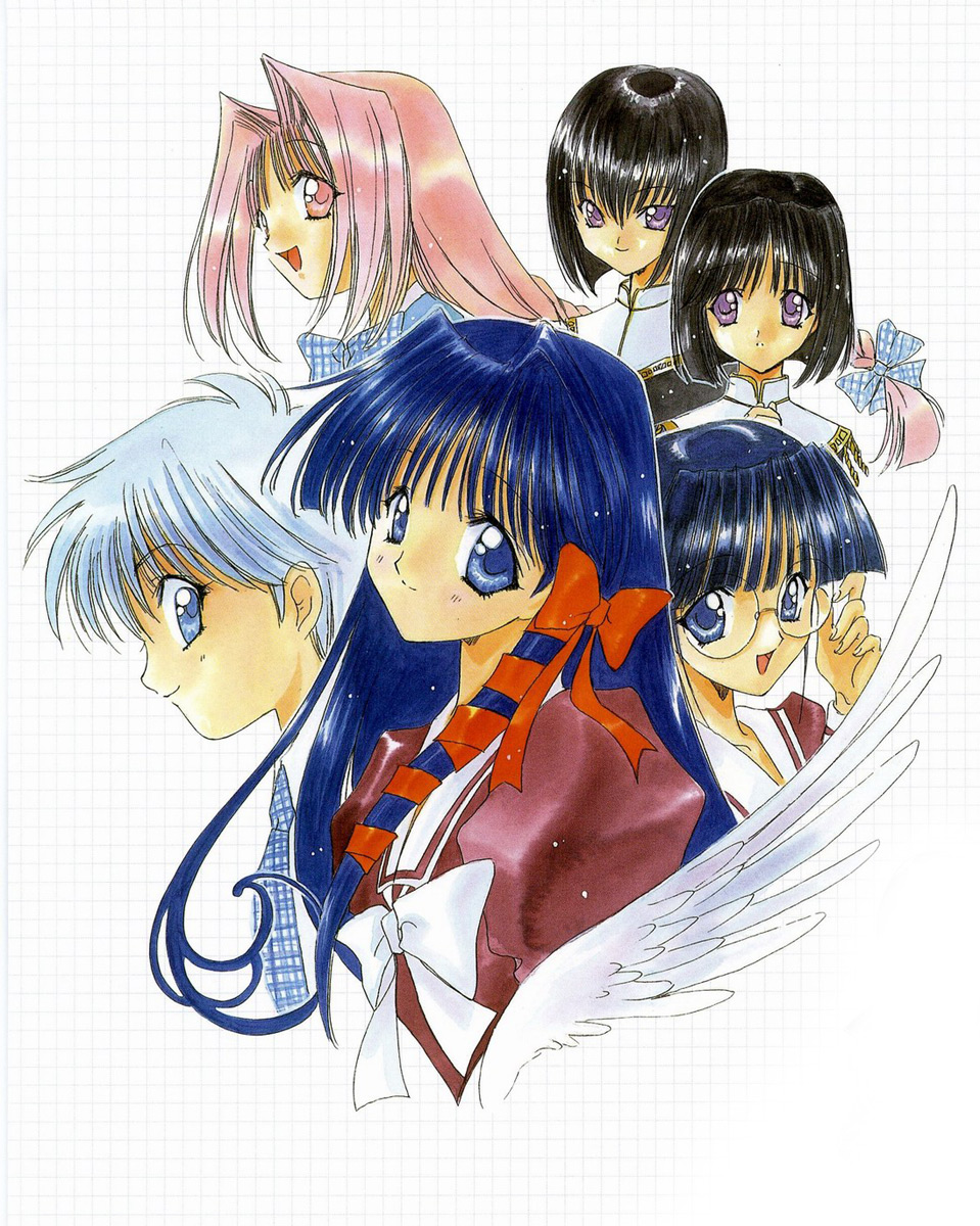 6+girls, 90s, angel_flavor, artbook, bow, braid, glasses, hair_bow, highres, kurimoto_yukina, kusunoki_hatsumi, multiple_girls, murasame_sakura, murasame_shion, nanase_aoi, necktie, ouse_chinami, round_glasses, school_uniform, serafuku, seraphim_call, tachibana_urara, white_background, wings