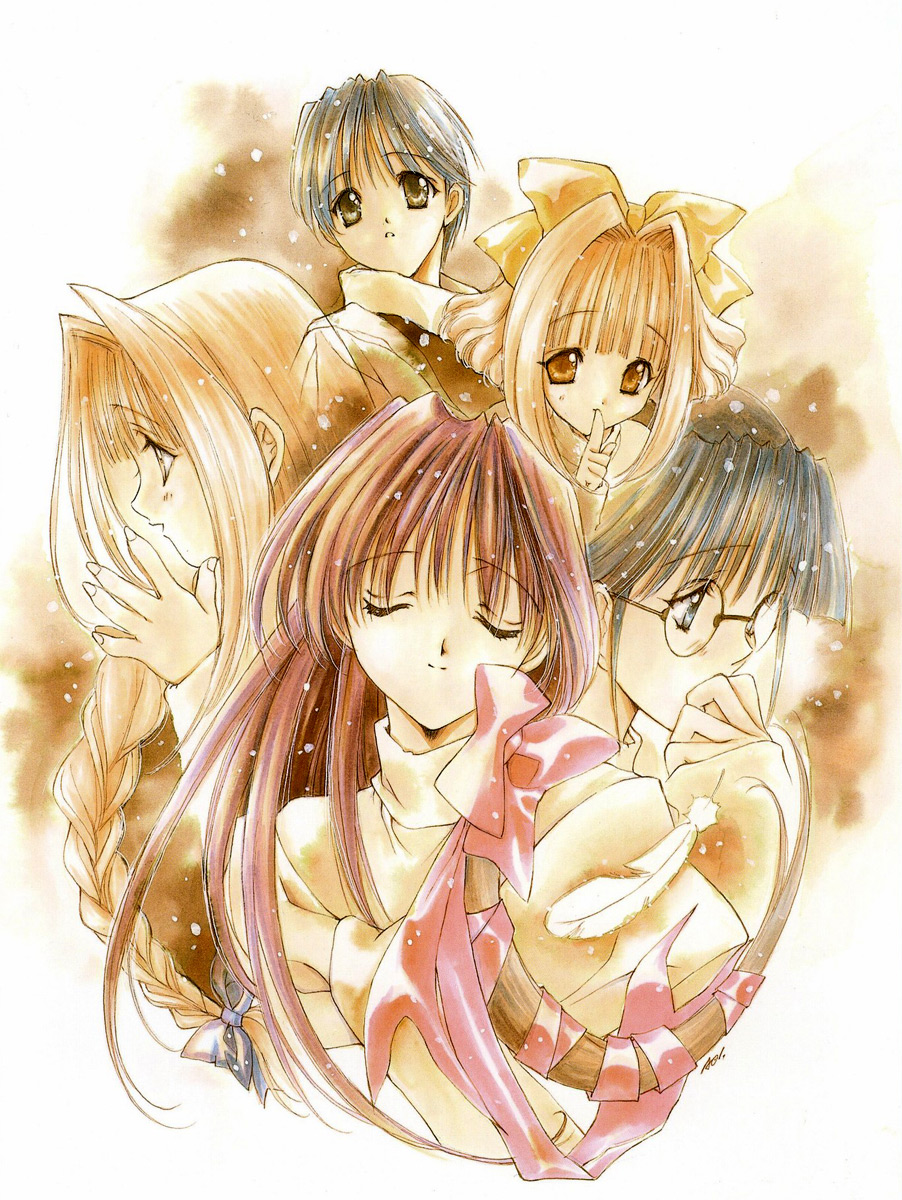 5girls, 90s, angel_flavor, artbook, bow, braid, closed_eyes, feathers, glasses, hair_bow, highres, kurimoto_yukina, kusunoki_hatsumi, multiple_girls, nanase_aoi, official_art, ouse_chinami, round_glasses, seraphim_call, tachibana_urara, teramoto_tanpopo
