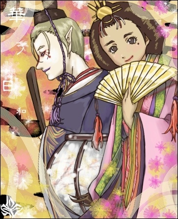 1boy, 1girl, alternate_costume, blonde_hair, brown_eyes, brown_hair, couple, elf