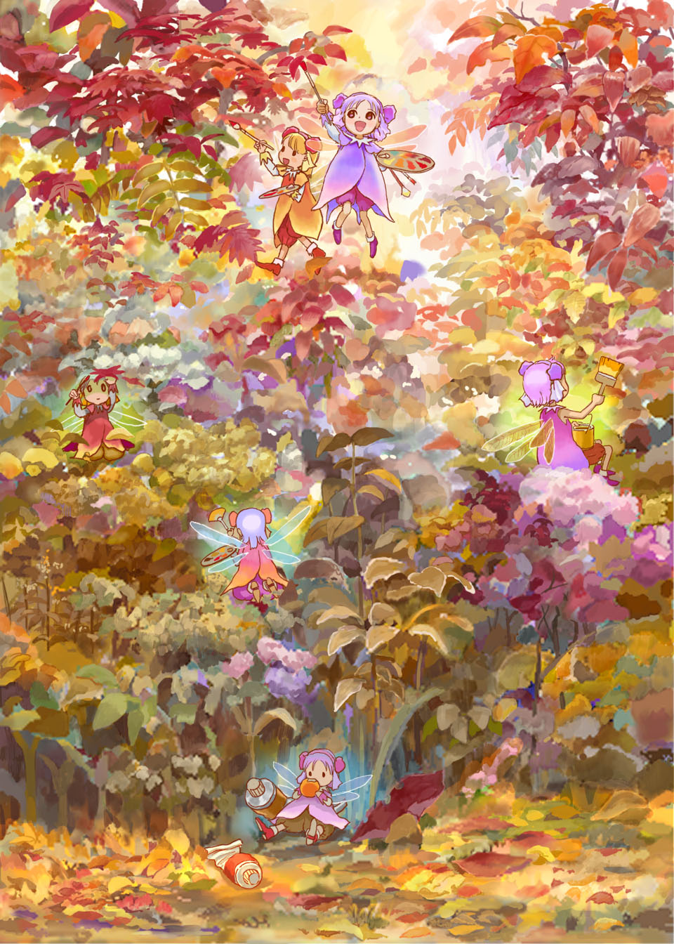 6+girls, art_brush, autumn, eating, efira, fairy, food, highres