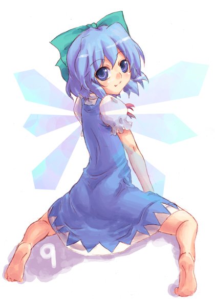 (9), 1girl, barefoot, cirno, dress, feet, female, full_body