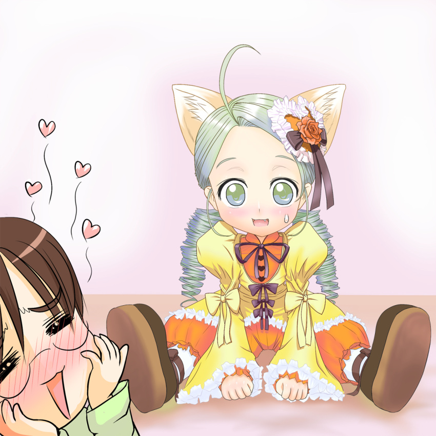 animal_ears, blush, brown_hair, cat_ears, drill_hair, fang, glasses, green_eyes
