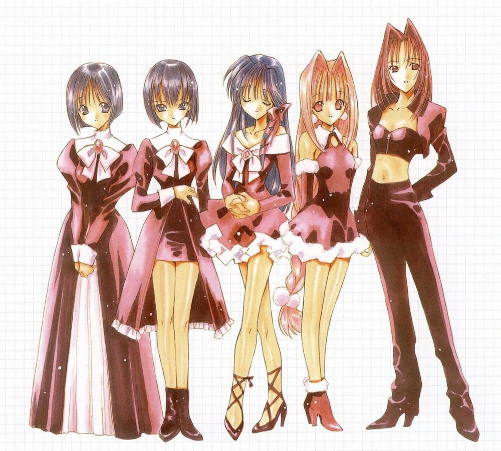 5girls, 90s, angel_flavor, artbook, bow, braid, earrings, gloves
