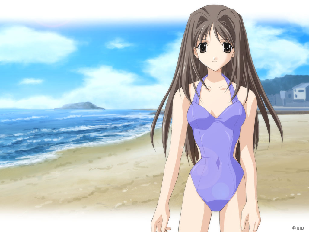 1girl, beach, breasts, clouds, grey_eyes, grey_hair, lens_flare, long_hair