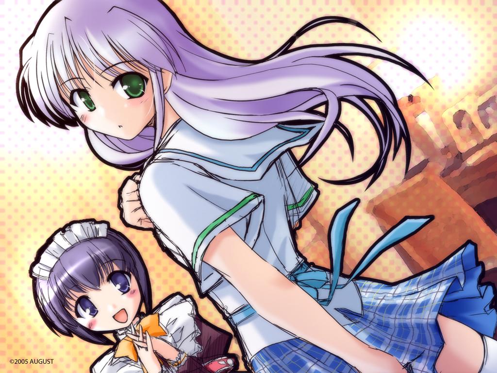 2girls, bekkankou, blush, clementis_mia, dutch_angle, feena_fam_earthlight, from_behind, green_eyes