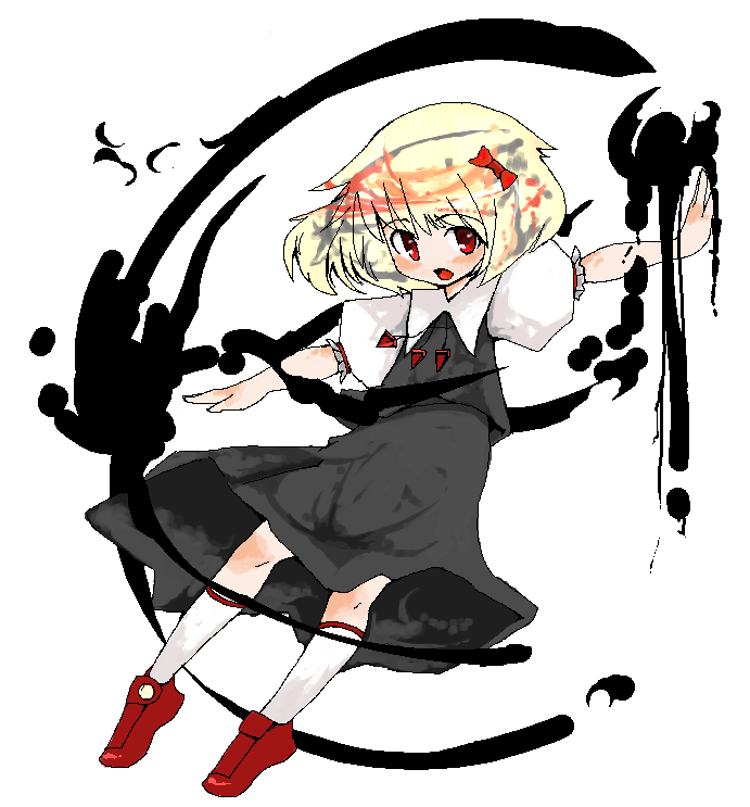 1girl, blonde_hair, darkness, female, hair_ribbon, hyara, oekaki, outstretched_arms