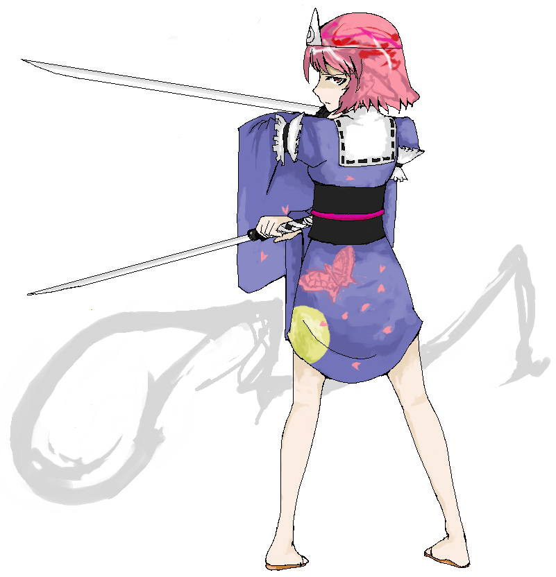 1girl, dress, dual_wielding, female, from_behind, full_body, hat, hyara