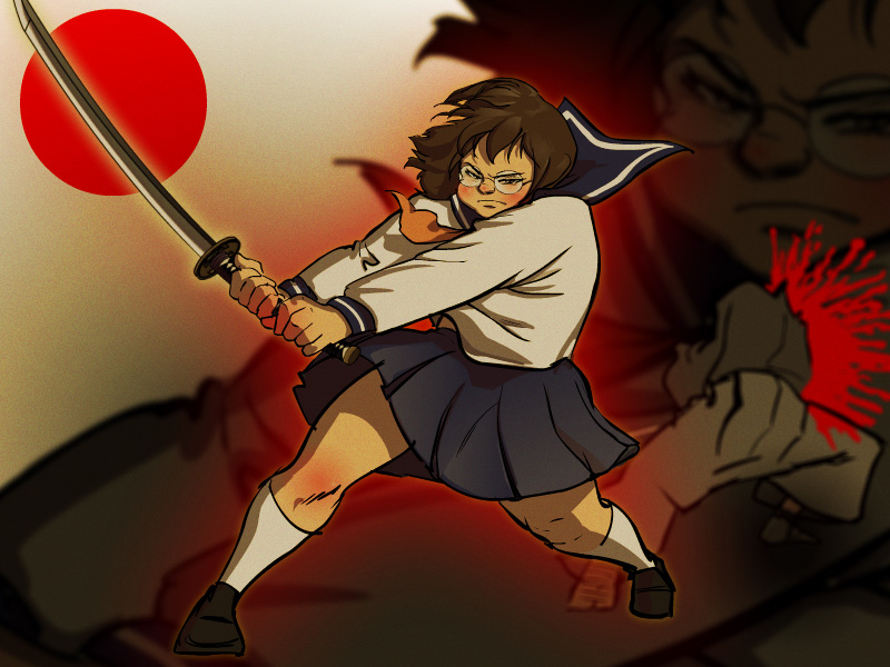 blood, glasses, mizukiyo_jiro, plump, school_uniform, serafuku, sword