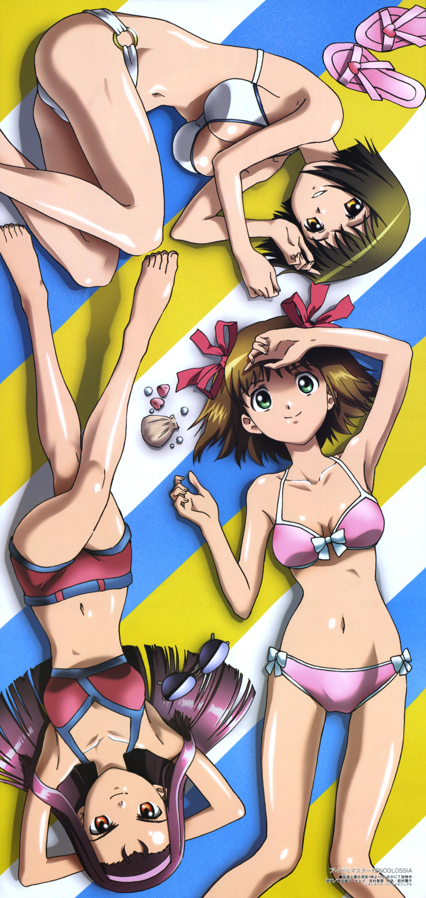 3girls, :d, absurdres, amami_haruka, arm_up, armpits, arms_behind_head, arms_up, ass, bangs, barefoot, bikini, black_hair, bob_cut, bow, breasts, brown_hair, cleavage, feet, fetal_position, flat_chest, foreshortening, from_above, green_eyes, grin, hagiwara_yukiho, hair_bow, hairband, heart, highres, idolmaster, idolmaster_xenoglossia, kurata_ayako, large_breasts, leg_up, legs, legs_bent, legs_crossed, long_hair, looking_at_viewer, lying, megami, minase_iori, multiple_girls, navel, o-ring_bottom, o-ring_top, official_art, on_back, on_side, open_mouth, outdoors, red_eyes, sandals, scan, seashell, shading_eyes, shadow, shell, shiny, shiny_hair, shiny_skin, shoes_removed, short_hair, sitting, smile, sports_bikini, striped, sunglasses, sunglasses_removed, swimsuit, toe-point, towel, white_bikini, white_swimsuit, yellow_eyes