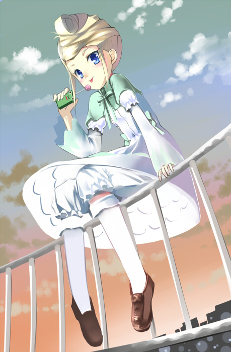 1girl, :p, arm_support, blonde_hair, blue_eyes, blush, brown_shoes, building