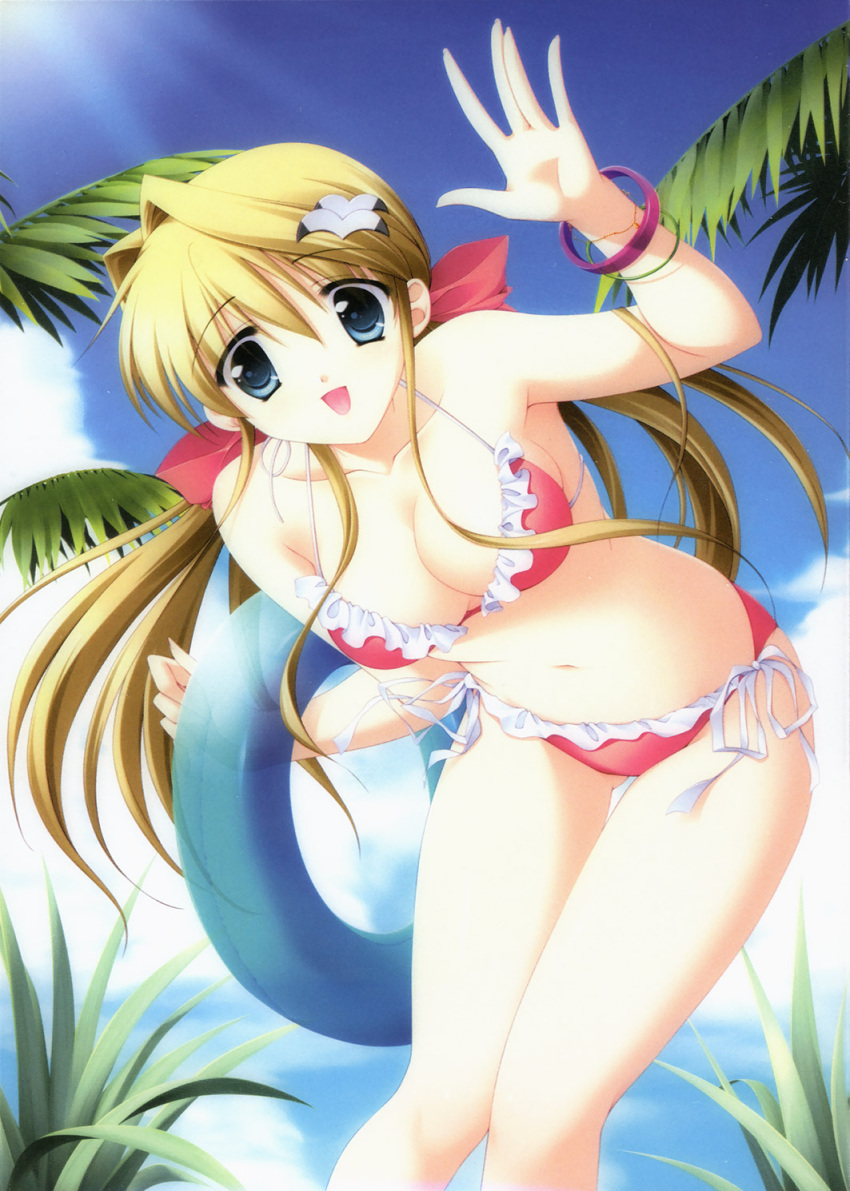 1girl, beach, bent_over, bikini, blonde_hair, blue_eyes, bow, bracelet