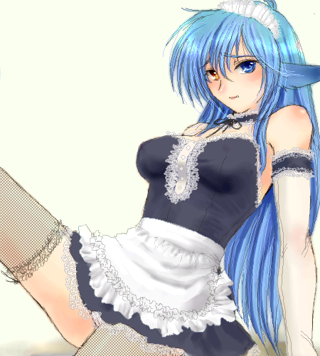 1girl, blue_hair, follower_(yagisaka_seto), genderswap, heterochromia, lowres, maid, md5_mismatch, oekaki, original, solo, thigh-highs, yagisaka_seto