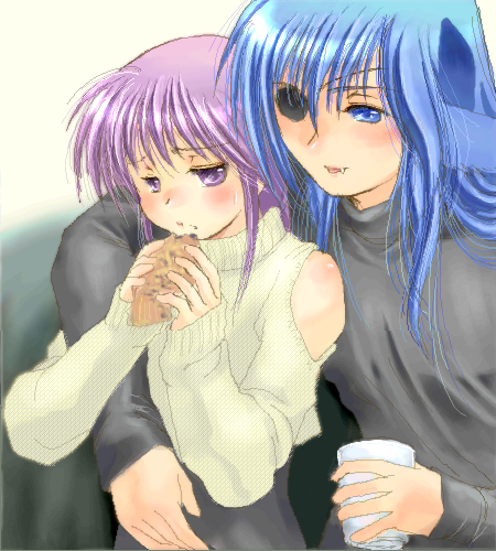 2boys, angelous_lazward, blue_hair, eyepatch, follower_(yagisaka_seto), food, lowres, male_focus
