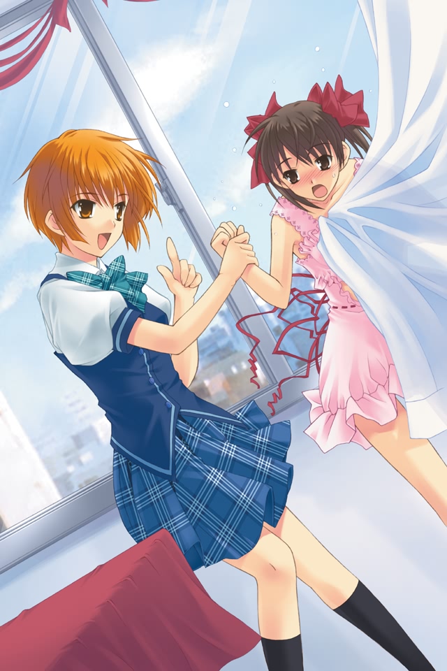 2girls, blush, dress, ever_17, hair_ribbon, matsunaga_sara, multiple_girls, ribbon