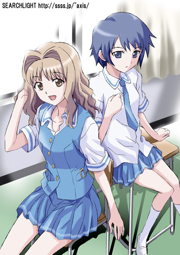 2girls, :d, blonde_hair, blue_eyes, blue_hair, blue_skirt, blush, brown_eyes