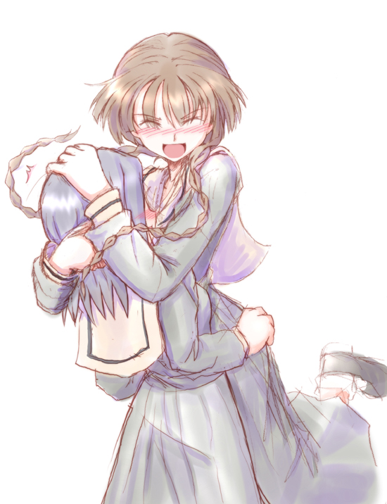 00s, 2girls, :d, ^_^, ^o^, arima_nana, blue_hair, brown_hair