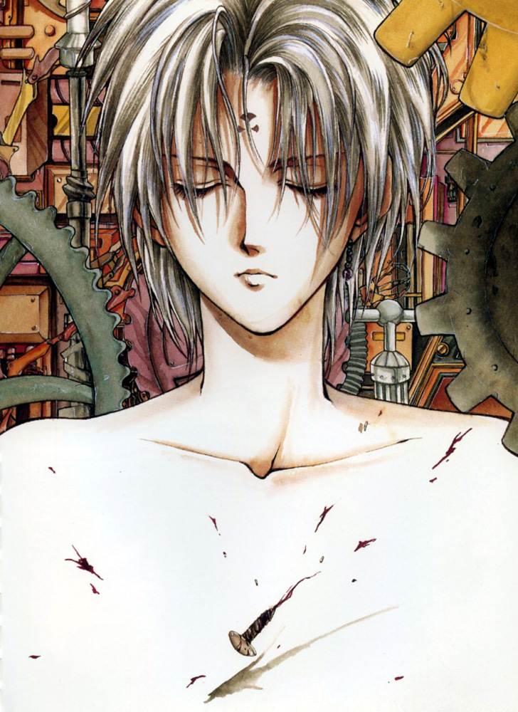 1boy, angel_cage, artbook, blood, closed_eyes, collarbone, earrings, facial_mark
