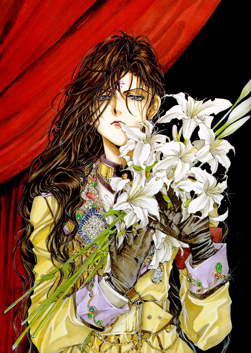 1girl, alexiel, angel, angel_cage, angel_sanctuary, artbook, black_gloves, bouquet