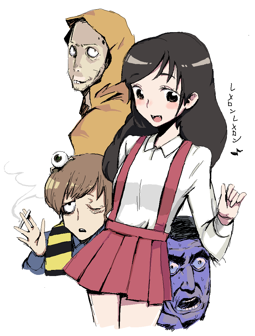 1girl, 3boys, cigarette, cosplay, gegege_no_kitarou, hakaba_kitarou, kitarou, multiple_boys