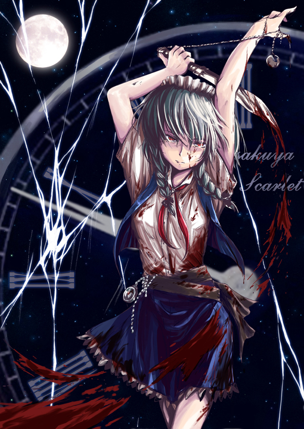 1girl, asuima, braid, female, izayoi_sakuya, short_hair, silver_hair, solo
