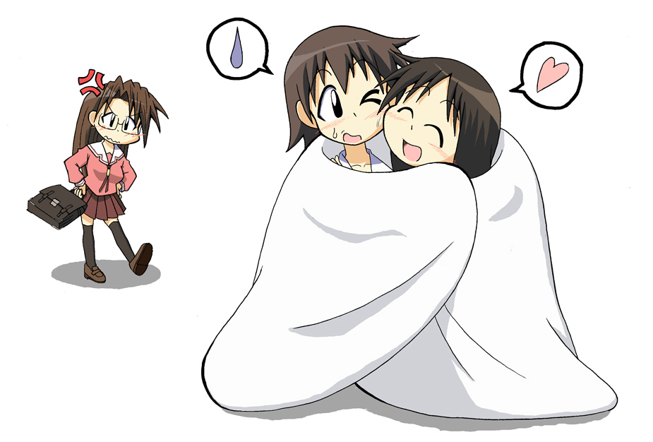 angry, azumanga_daioh, azumanga_daiou, blanket, chibi, cute, heart, kasuga_ayumu, men_(artist), mizuhara_koyomi, speech_bubble, spoken_heart, spoken_sweatdrop, sweatdrop, takino_tomo, thighhighs