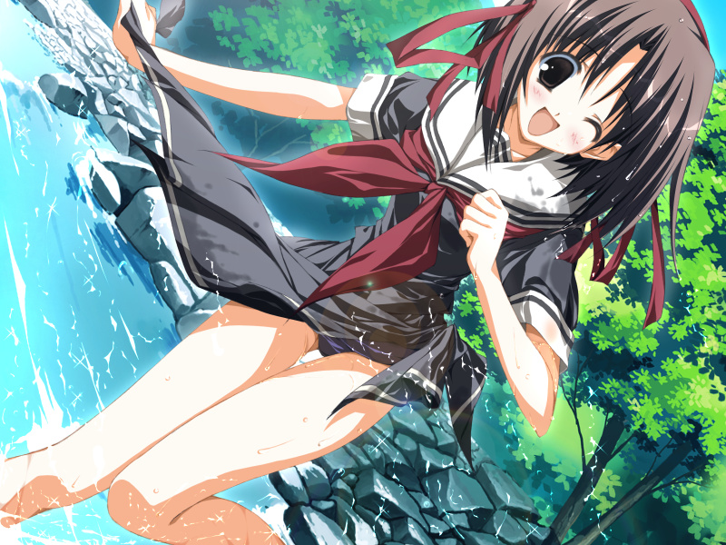 1girl, game_cg, kamo_kanata, motoyon, panties, pantyshot, river, school_uniform