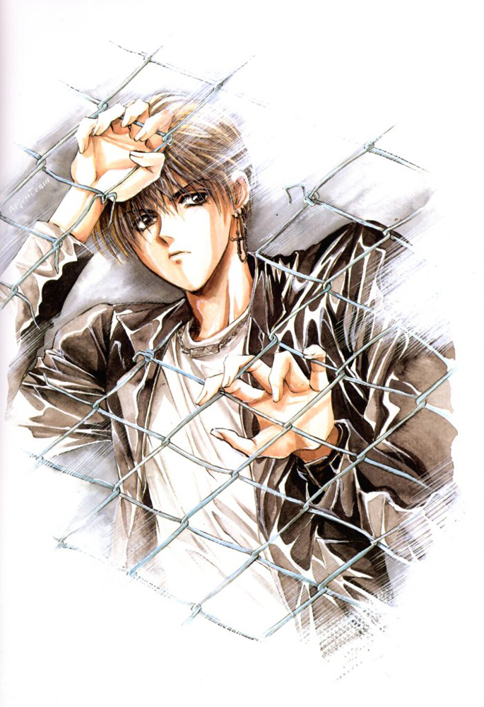 1boy, angel_cage, angel_sanctuary, artbook, blonde_hair, brown_eyes, chain-link_fence, earrings