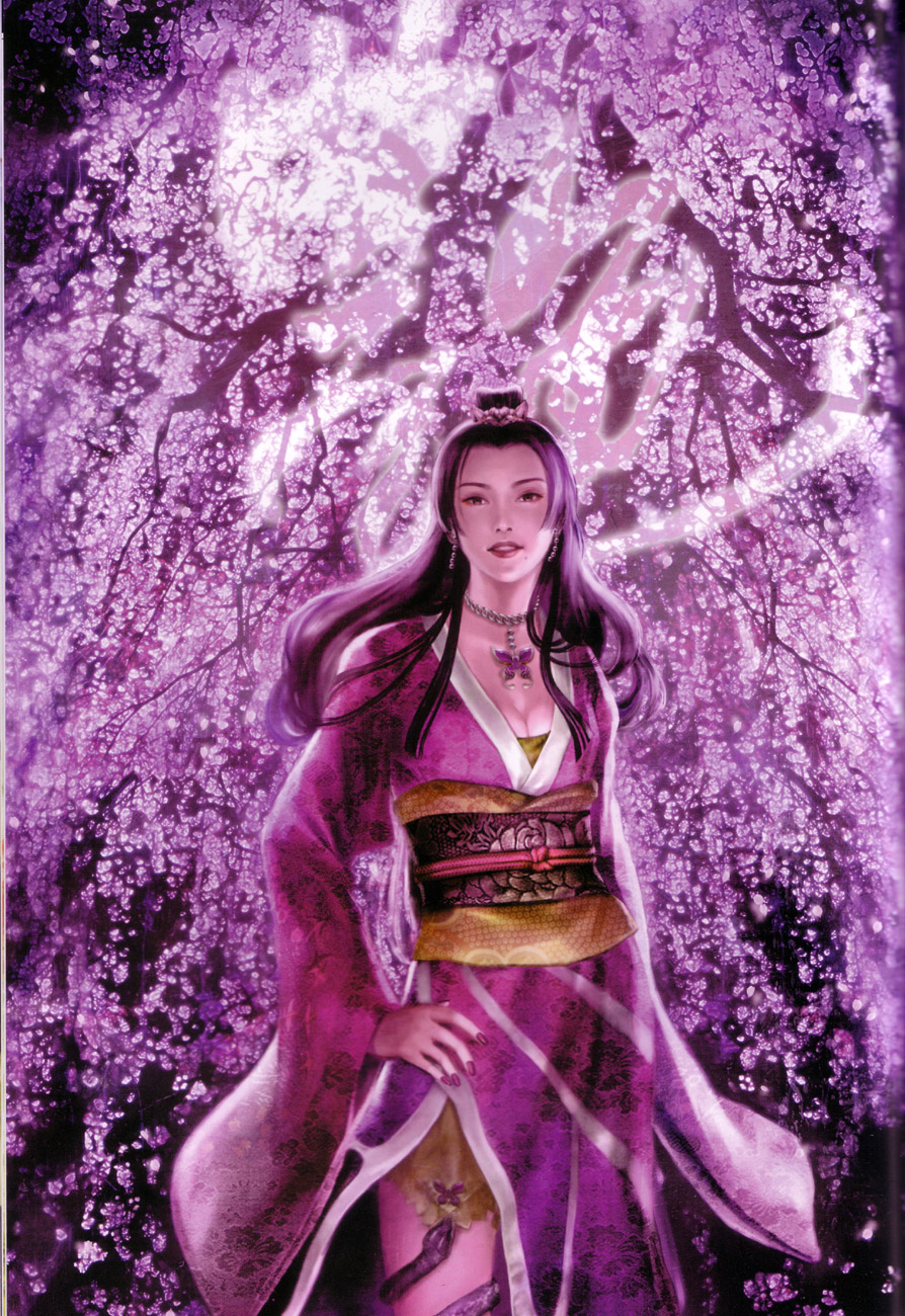 1girl, breasts, cherry_blossoms, highres, japanese_clothes, kimono, long_hair, nouhime, nouhime_(sengoku_musou), obi, official_art, sash, scan, sengoku_musou, snake, solo