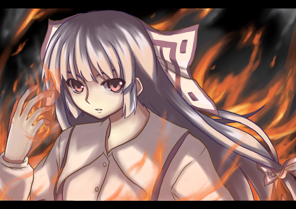 1girl, akiyasu, bow, buttons, collared_shirt, dress_shirt, female, fire
