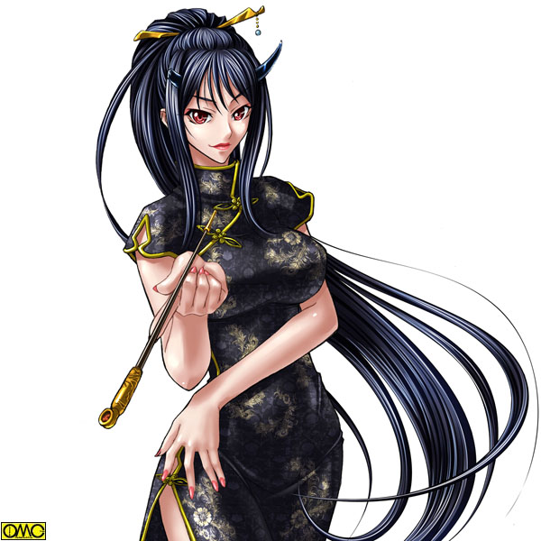 1girl, akezuka_magane, bangs, black_dress, black_hair, breasts, broken_horn, china_dress, chinese_clothes, cowboy_shot, dress, fingernails, floral_print, hair_ornament, hand_on_hip, high_ponytail, holding, horns, kagami_hirotaka, kanzashi, kiseru, large_breasts, lipstick, long_fingernails, long_hair, looking_at_viewer, makeup, nail_polish, omc, pink_nails, pipe, ponytail, red_eyes, red_lipstick, short_sleeves, side_slit, simple_background, smile, solo, standing, tokyo_kaidan, turtleneck, very_long_hair, white_background, wide_hips