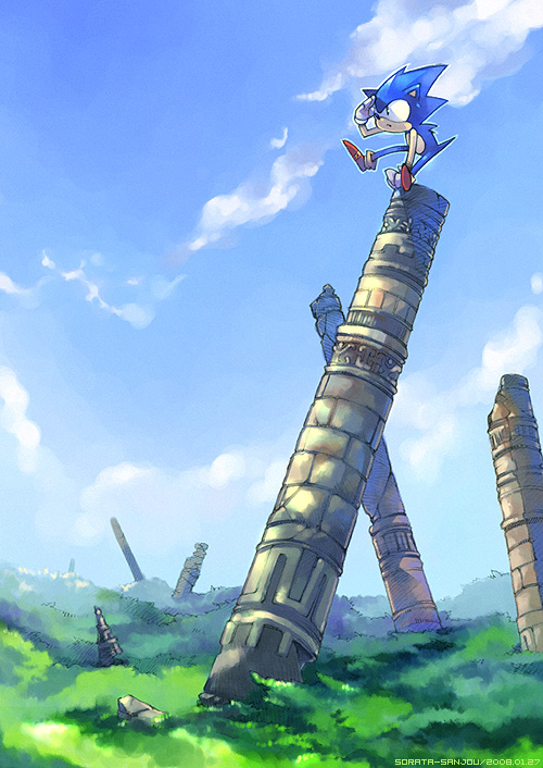 00s, 1boy, 2008, game, game_console, male_focus, sanjou_sorata, sega, sega_mega_drive, sky, solo, sonic, sonic_(series), sonic_cd, sonic_team, sonic_the_hedgehog, sonic_the_hedgehog_(classic)