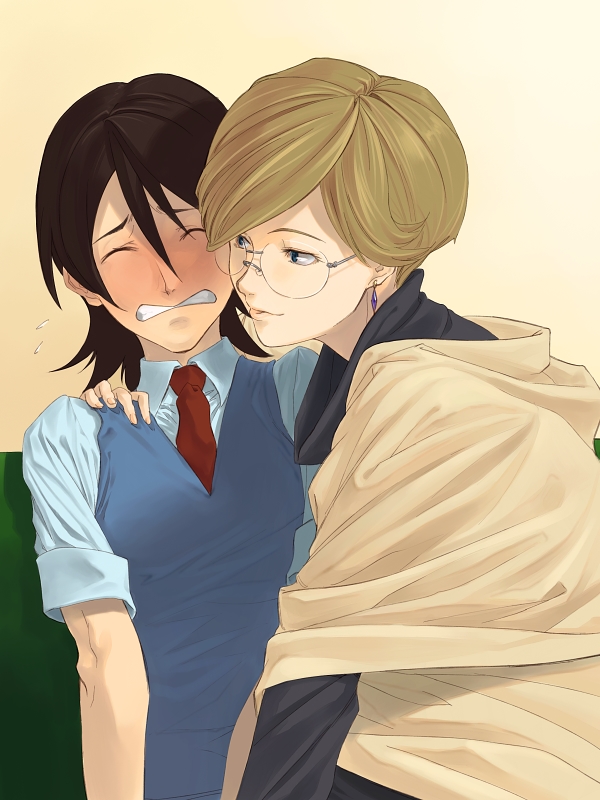 1boy, 1girl, age_difference, blush, brown_hair, glasses, gundam, gundam_00